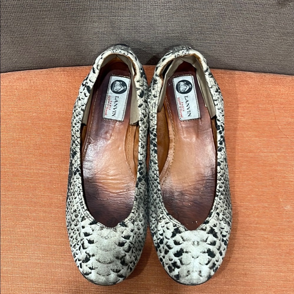 Lanvin Flats Reptile Canvas Print Cream Black size 8